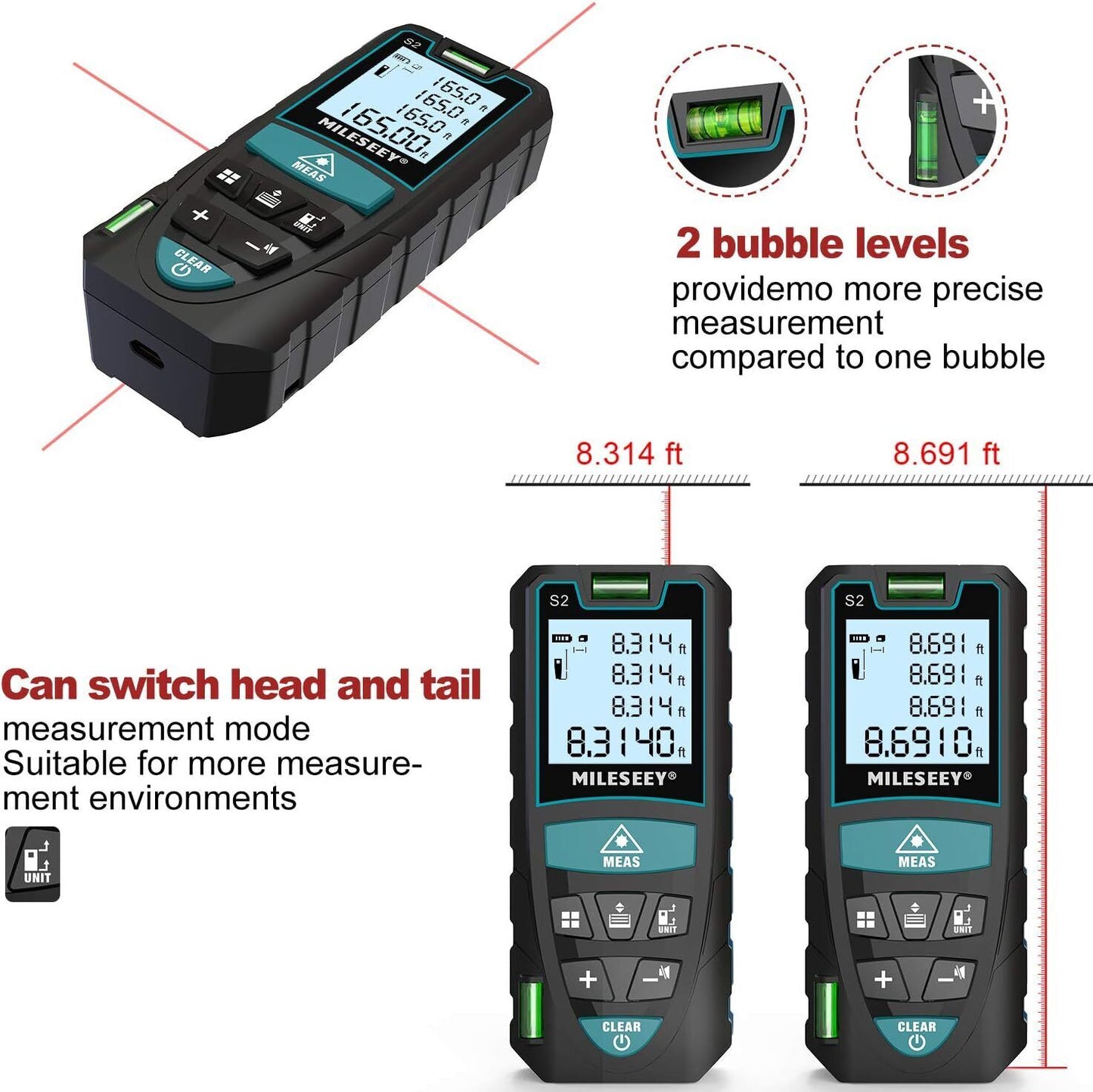 Laser Distance Meter 50M/165ft, Mileseey by RockSeed IP54 Laser Measure with 2 B