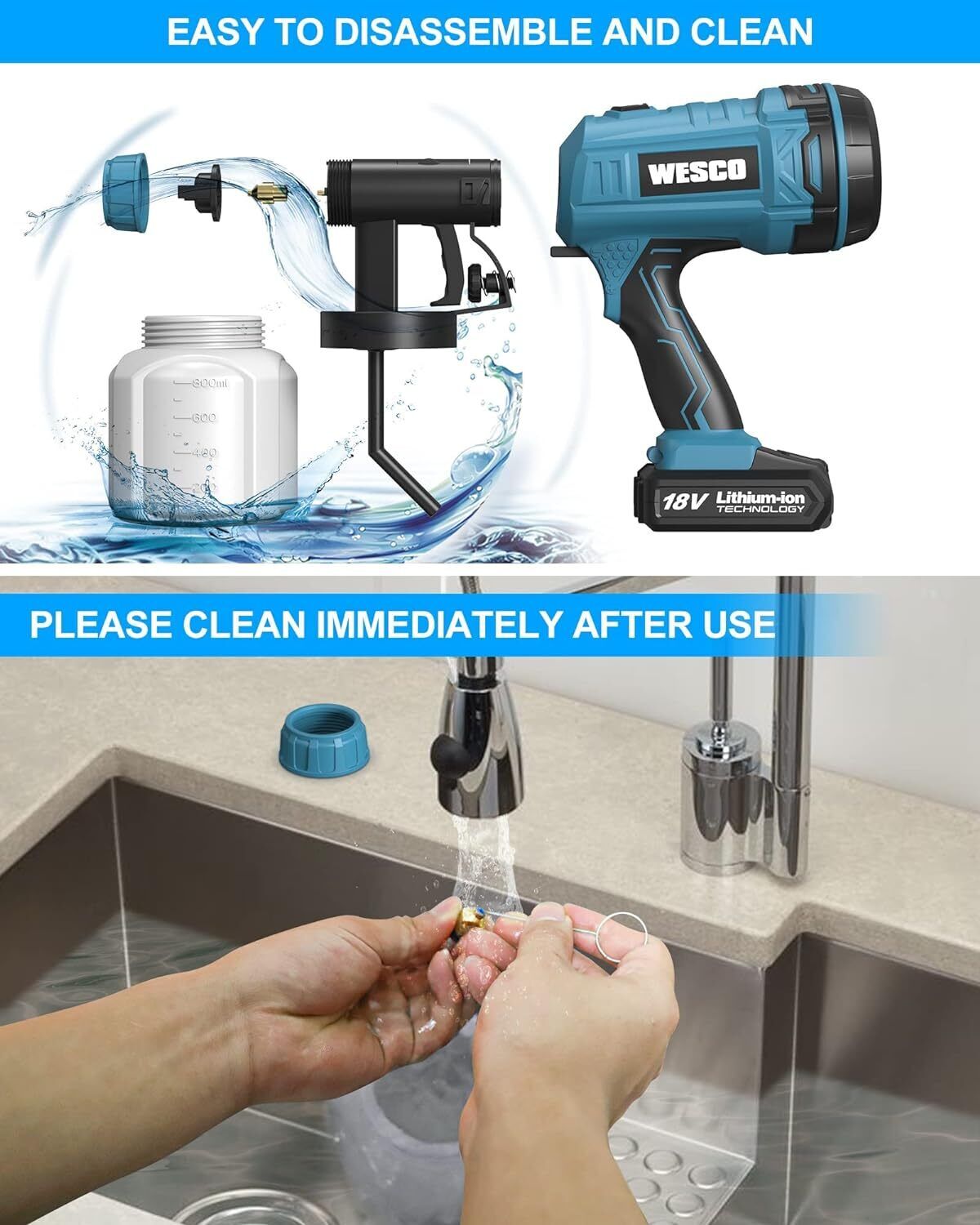 Wesco 18V 2.0AH 500ml/min Paint Spray Gun with 2.5mm Nozzles WS2342
