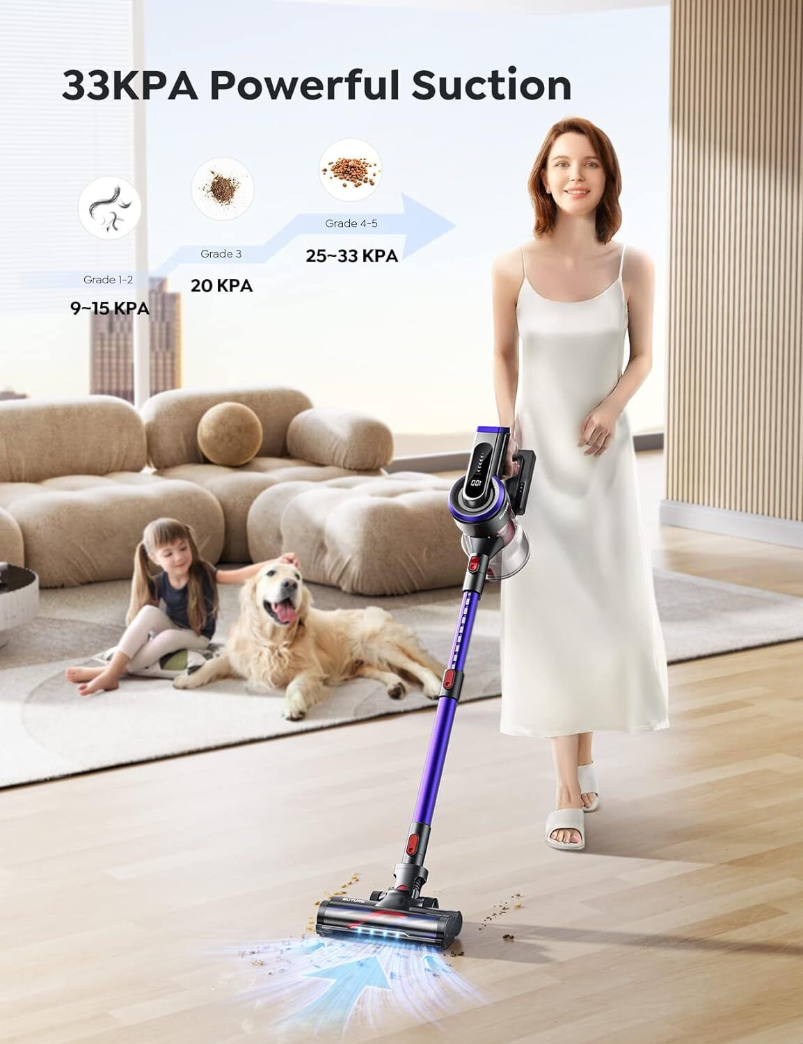 BuTure Cordless Vacuum, 33 Kpa Powerful Stick Vacuum with Rechargeable Battery