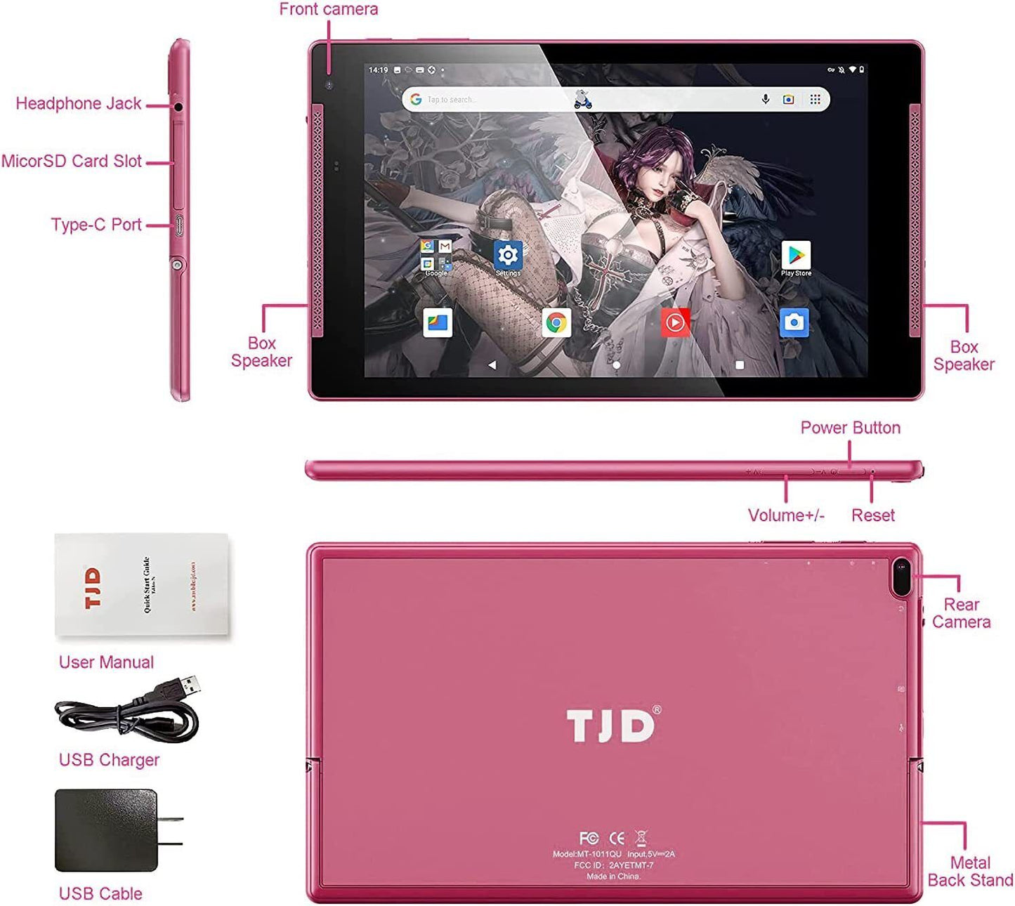 TJD 10.1 inch Tablet, Android Tablets with Stand, 2GB RAM 64GB ROM - Pink