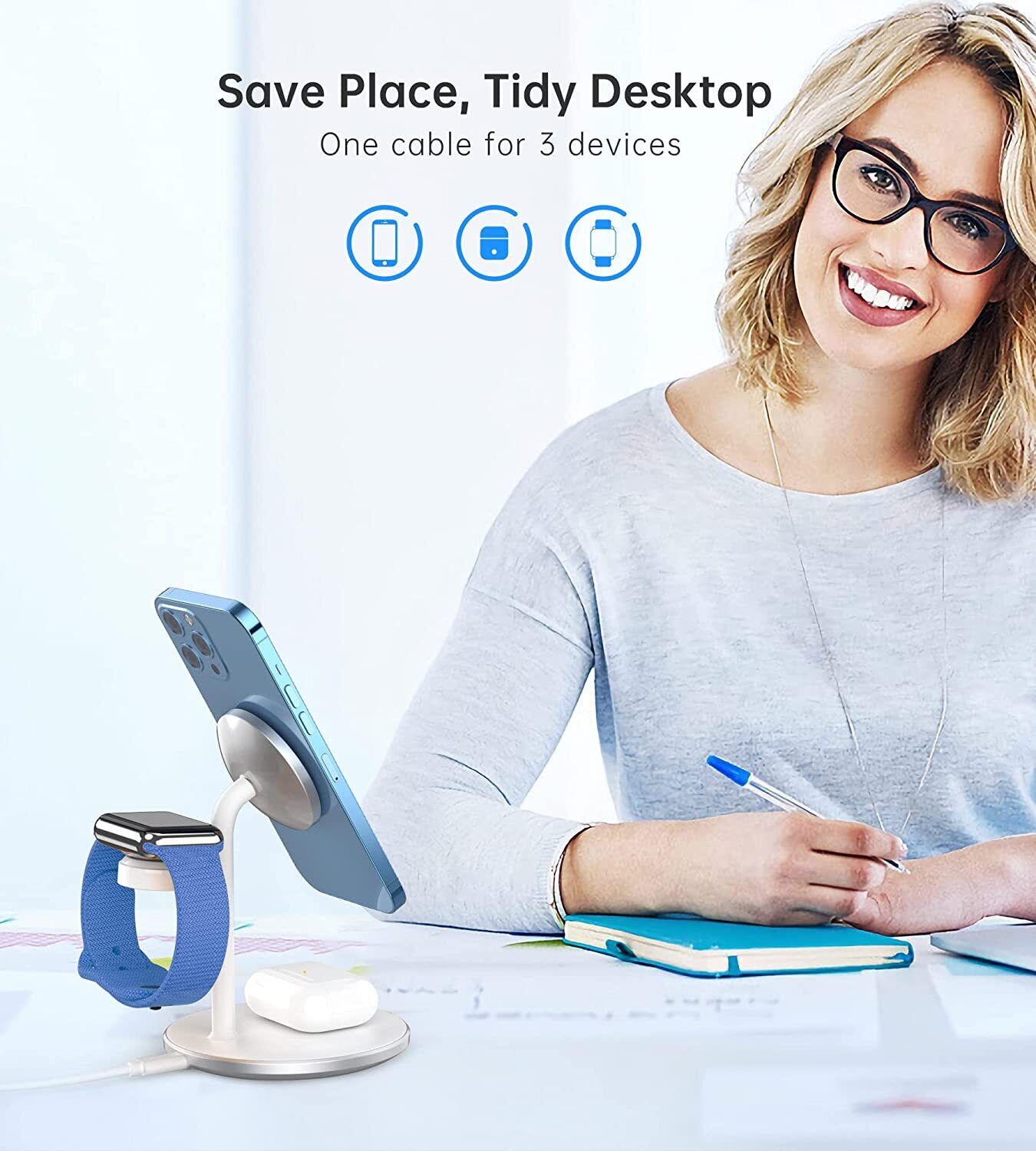 3 in 1 Wireless Charging Station, 15W Fast Wireless Mag-Safe Charger Stand Dock