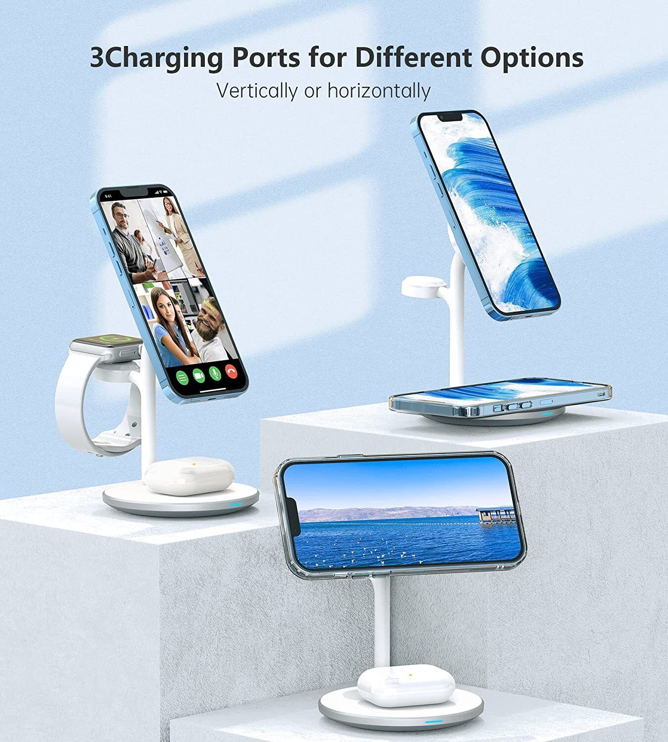 3 in 1 Wireless Charging Station, 15W Fast Wireless Mag-Safe Charger Stand Dock