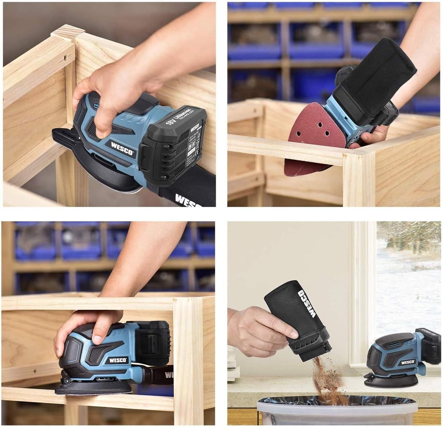 WESCO Cordless Sander, 18V 2.0Ah Detail Sander 13000RPM, 12Pcs Sandpapers, Dust