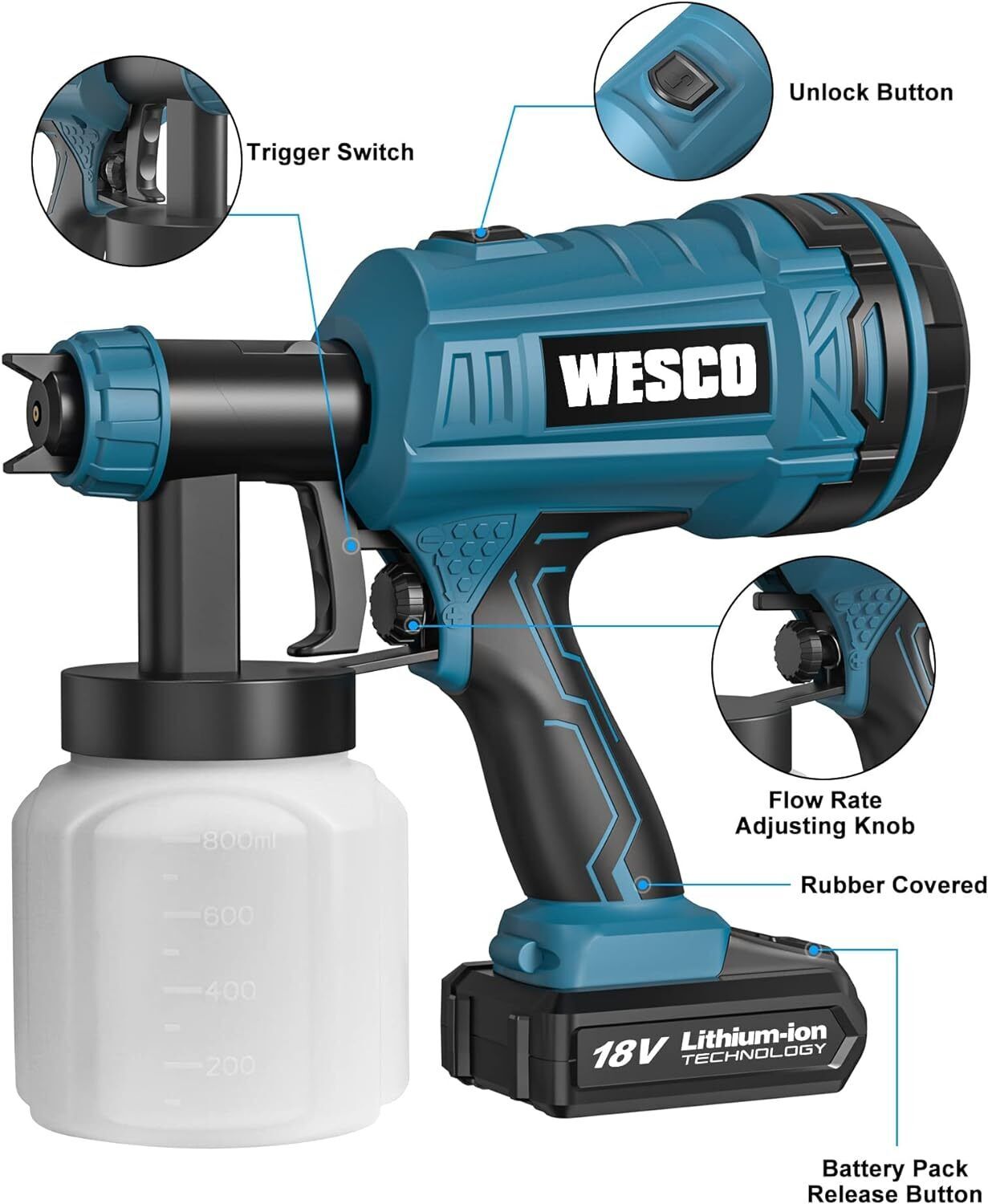 Wesco 18V 2.0AH 500ml/min Paint Spray Gun with 2.5mm Nozzles WS2342