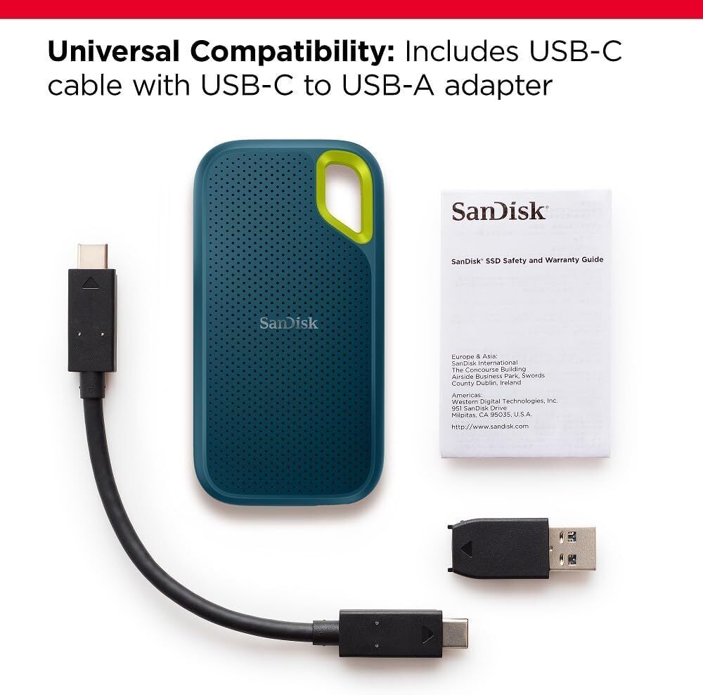 SanDisk Extreme 2TB Portable NVMe SSD, USB-C, up to 1050MB/s Read and 1000MB/s W