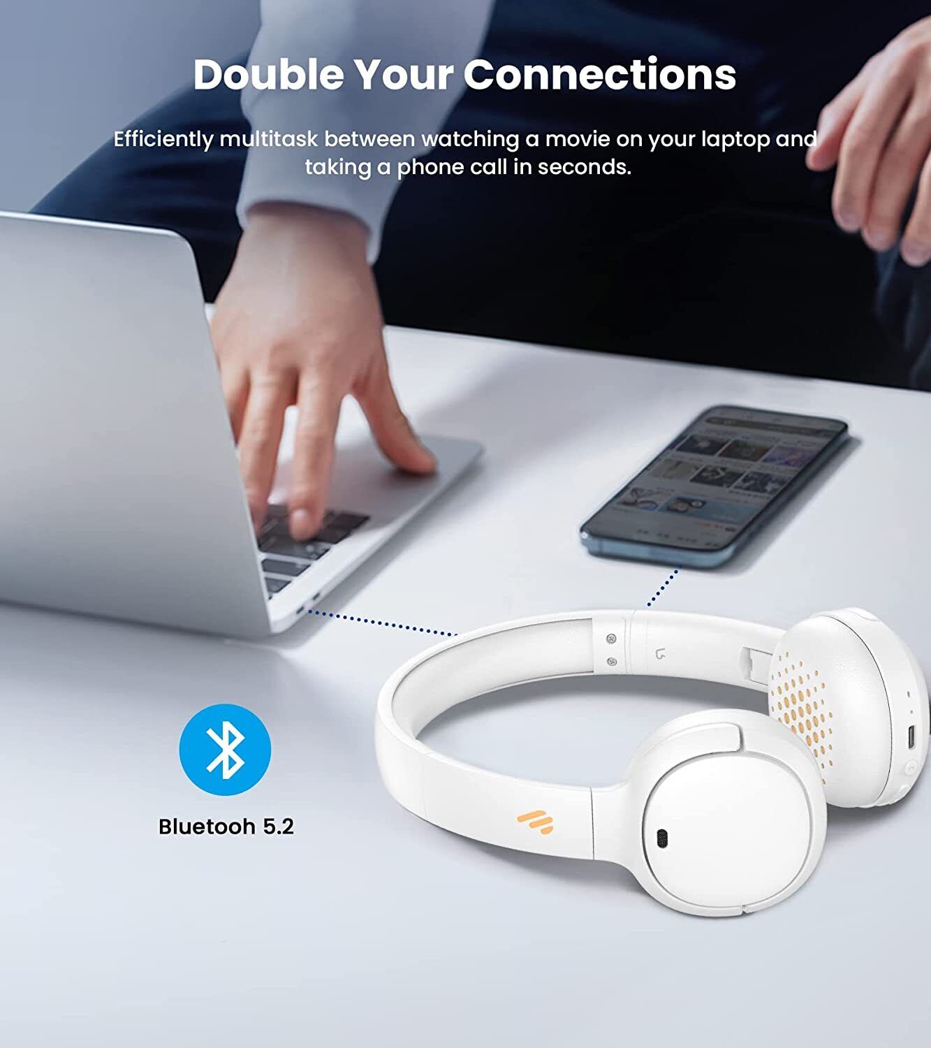 Edifier WH500 Wireless On-Ear Headphones Lightweight Game Mode - White