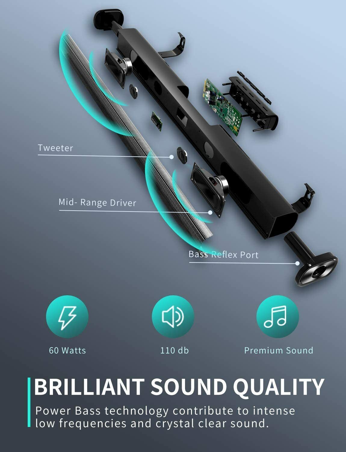 vmai soundbar s5 Built-in Subwoofer, Wired & Wireless Bluetooth 5.0 60W