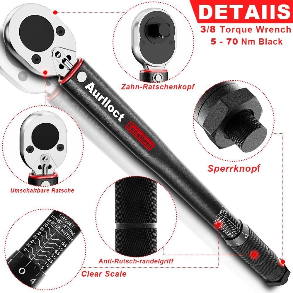 Aurlloct 3/8 Inch Drive Click Torque Wrench 5-70 Nm Set Black