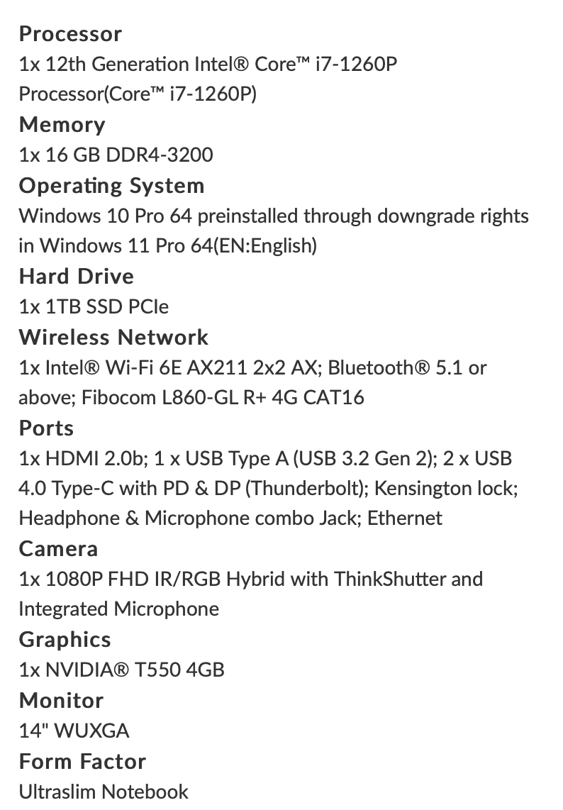 Lenovo ThinkPad P14s Gen 3 i7-1260P, 16GB Ram, 1TB SSD PCIe, NVIDIA T550 4GB