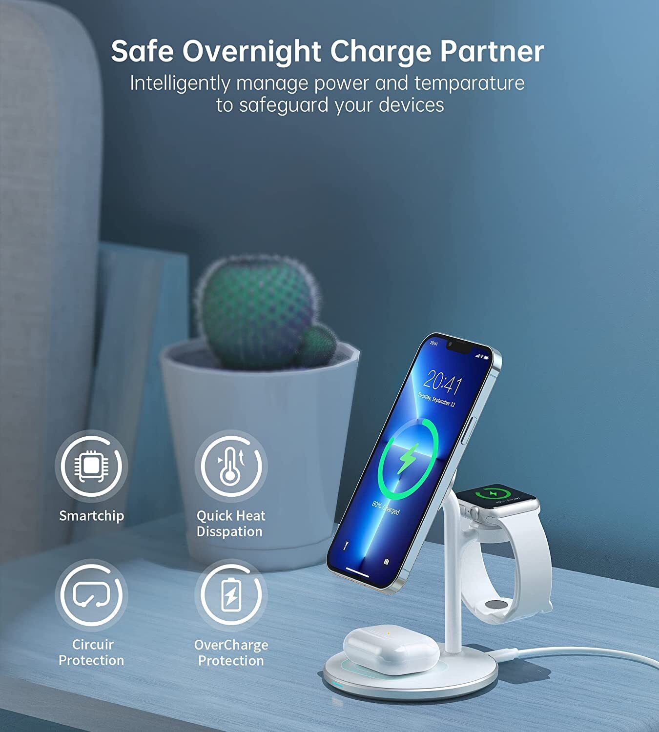 3 in 1 Wireless Charging Station, 15W Fast Wireless Mag-Safe Charger Stand Dock