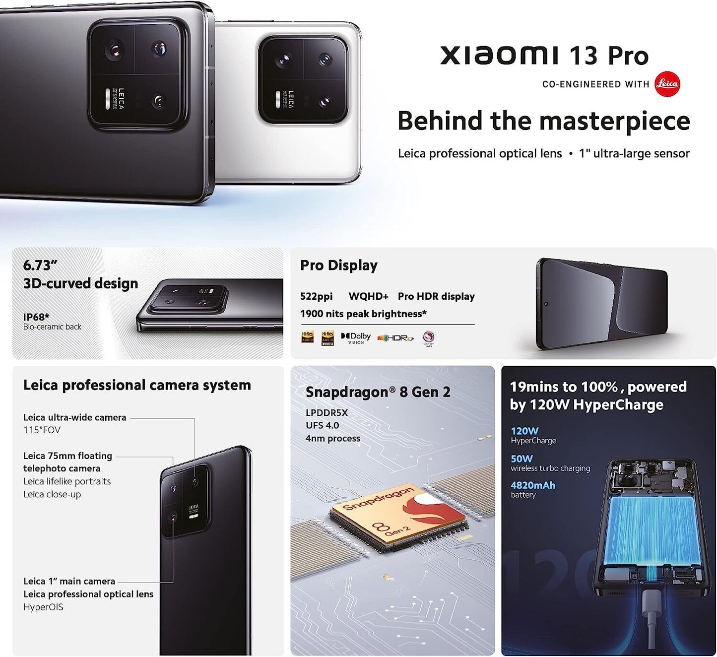 Xiaomi 13 Pro Ceramic Black 12GB RAM 256GB ROM, WQHD+ dynamic 120Hz AMOLED displ