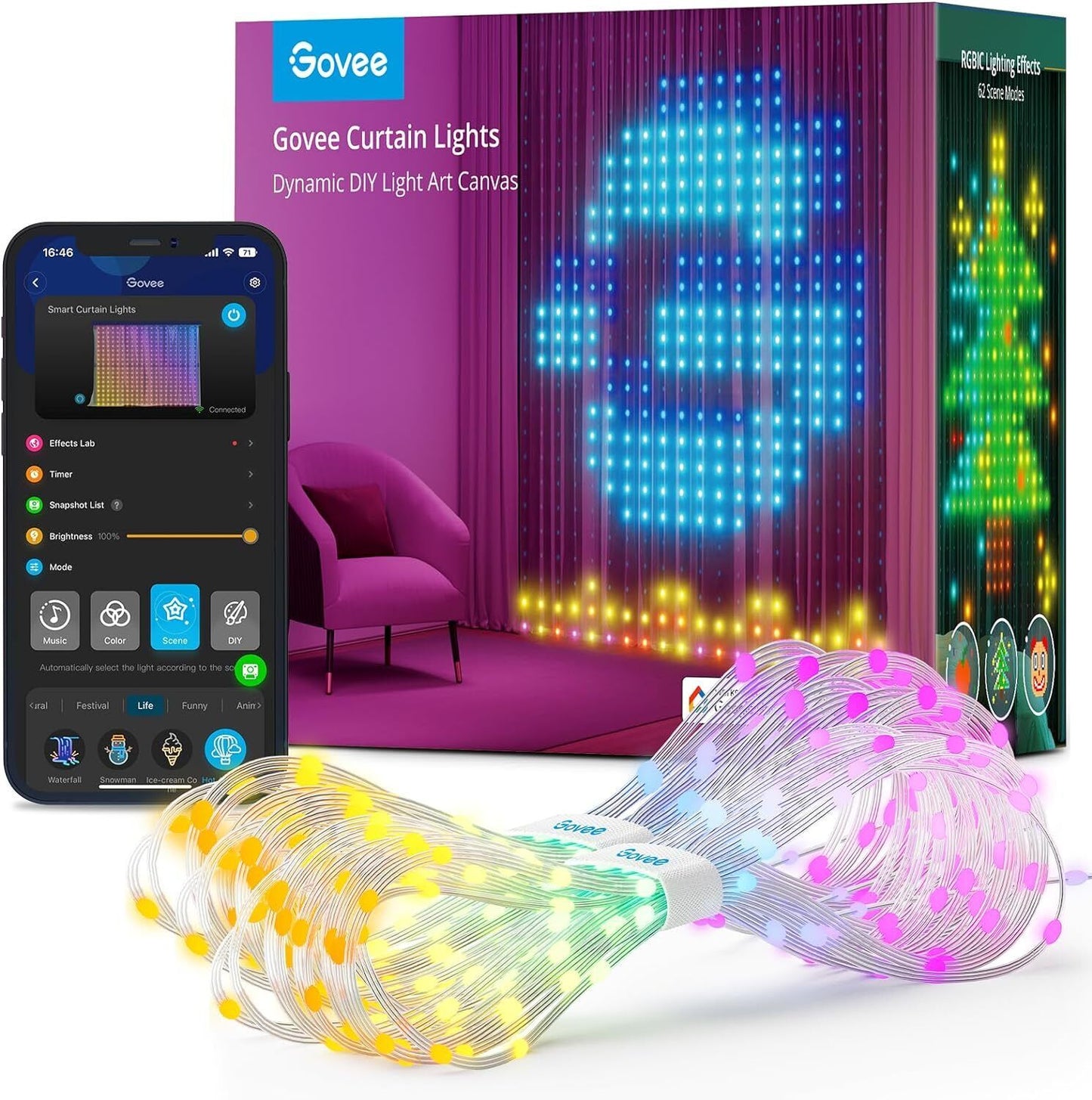 Govee Curtain Lights, 520 RGBIC LEDs Christmas Lights, Smart WiFi LED Curtain
