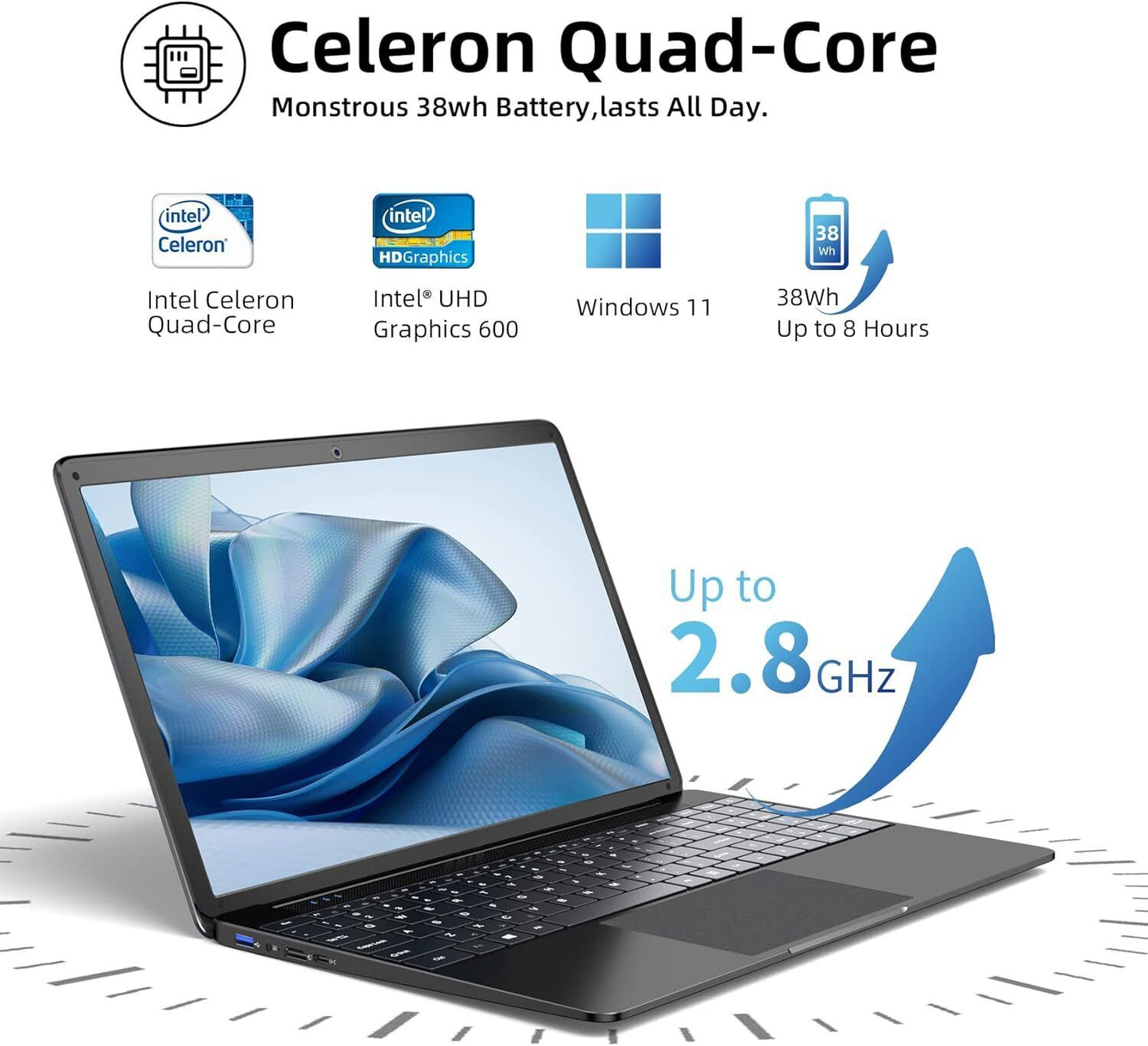 SGIN 15.6 Inch Laptop Windows 11 8GB RAM 256GB SSD Celeron Quad-Core Up to 2.8GH