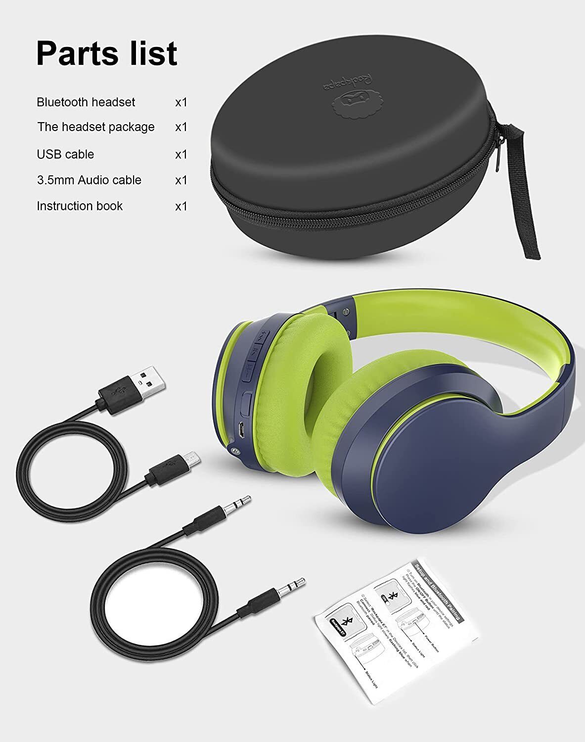 Rockpapa E7 Wireless Headphones Over Ear, Kids Bluetooth Headphones Blue Green
