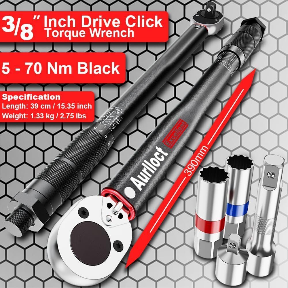 Aurlloct 3/8 Inch Drive Click Torque Wrench 5-70 Nm Set Black