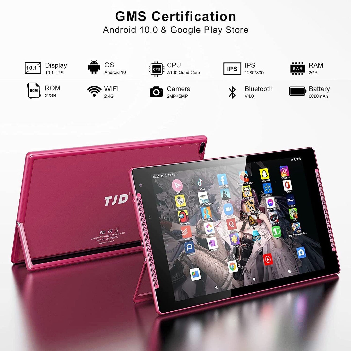 TJD 10.1 inch Tablet, Android Tablets with Stand, 2GB RAM 64GB ROM - Pink