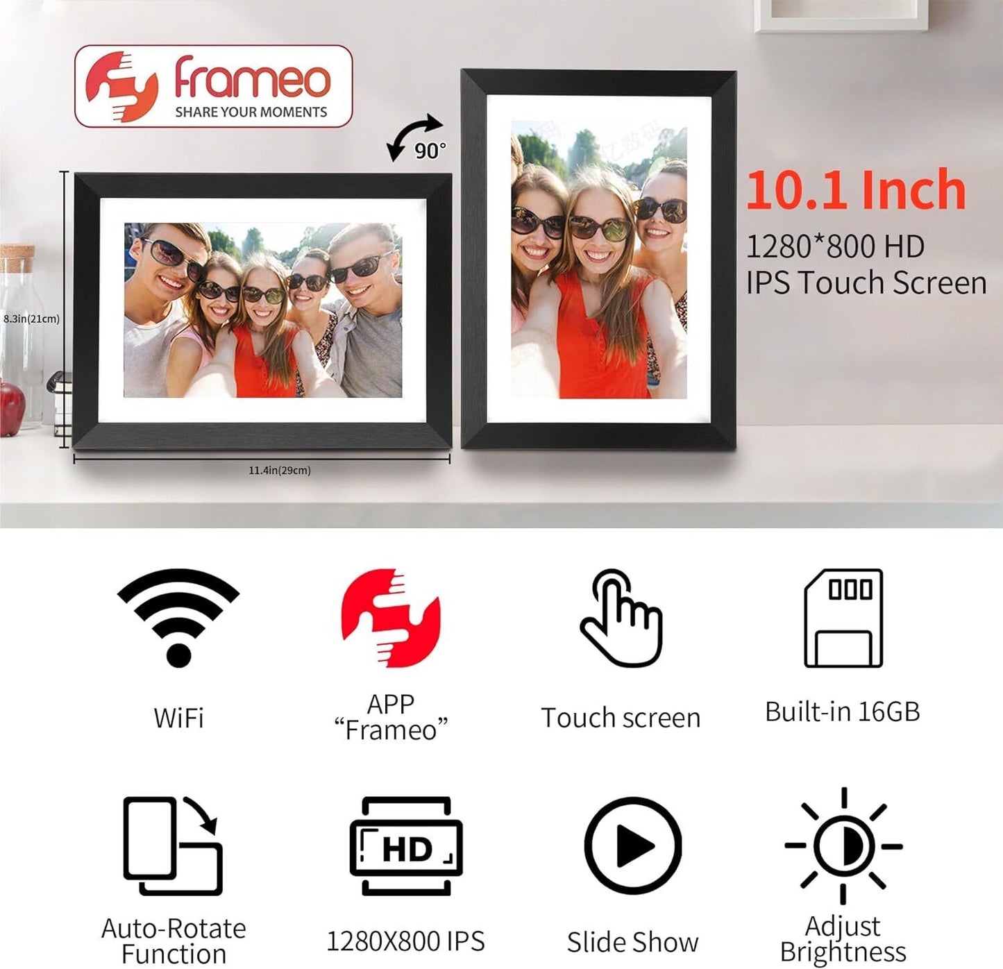 Frameo 10.1 Inch Digital Picture Frame,1280x800 IPS HD Touch Screen WiFi Photo F