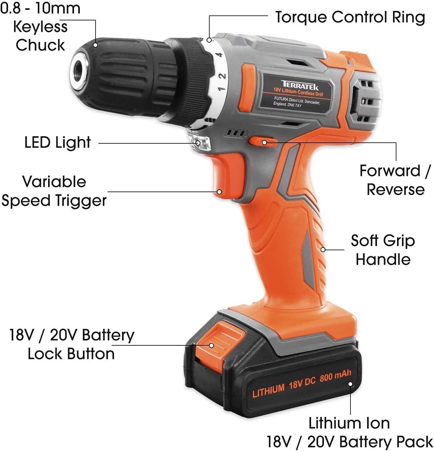 Terratek Cordless Drill Driver 18V Battery Lithium-Ion Combi Drill