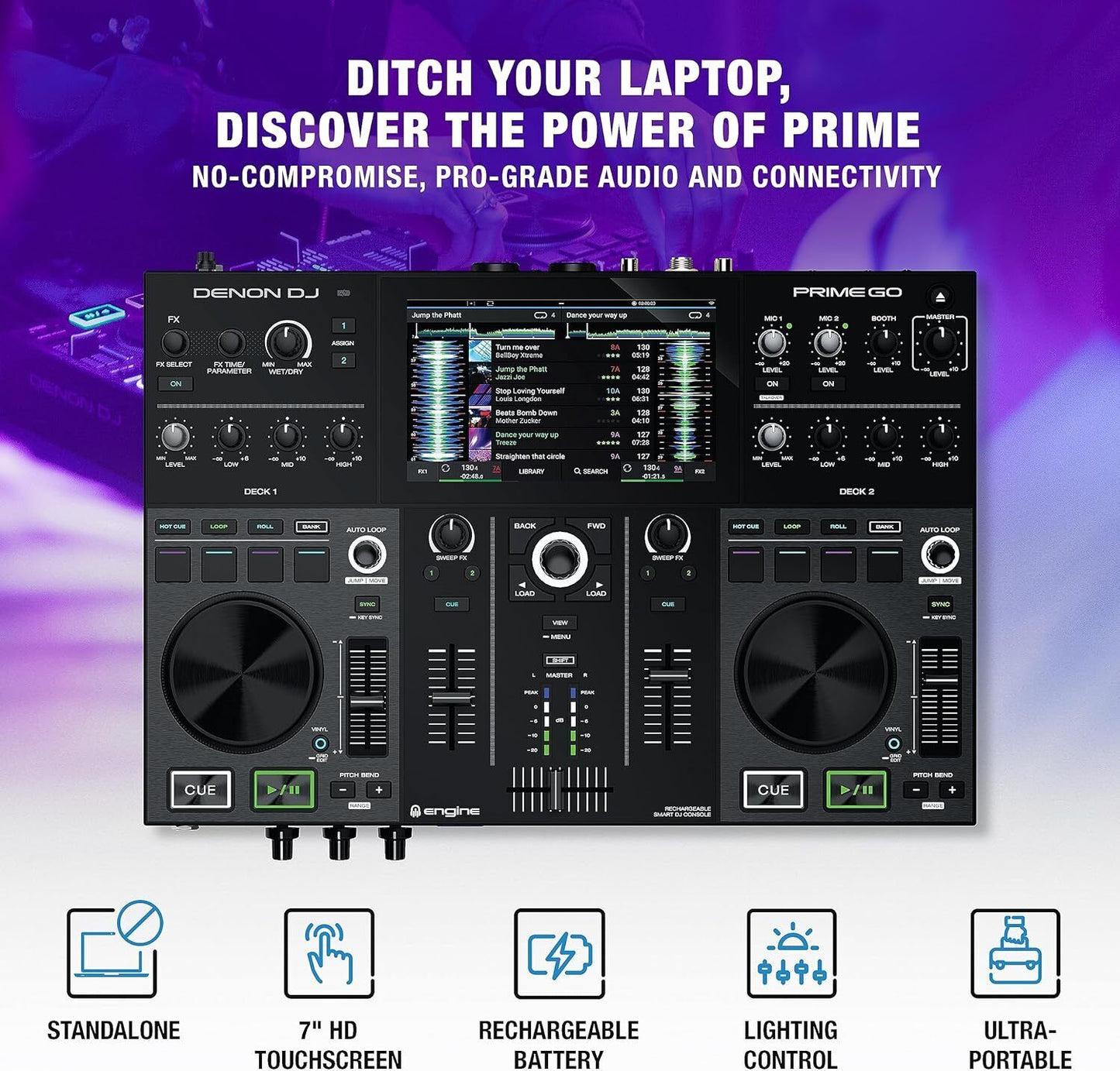 Denon DJ PRIME GO – Portable DJ Controller and Mixer with 2 Decks WIFI Streaming