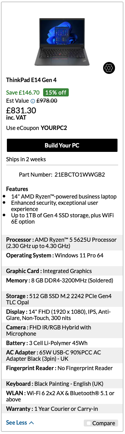 Lenovo Thinkpad E14 Gen 4 14" Ryzen 5 5626U, 8GB Ram, 512GB SSD, Win 11 Pro