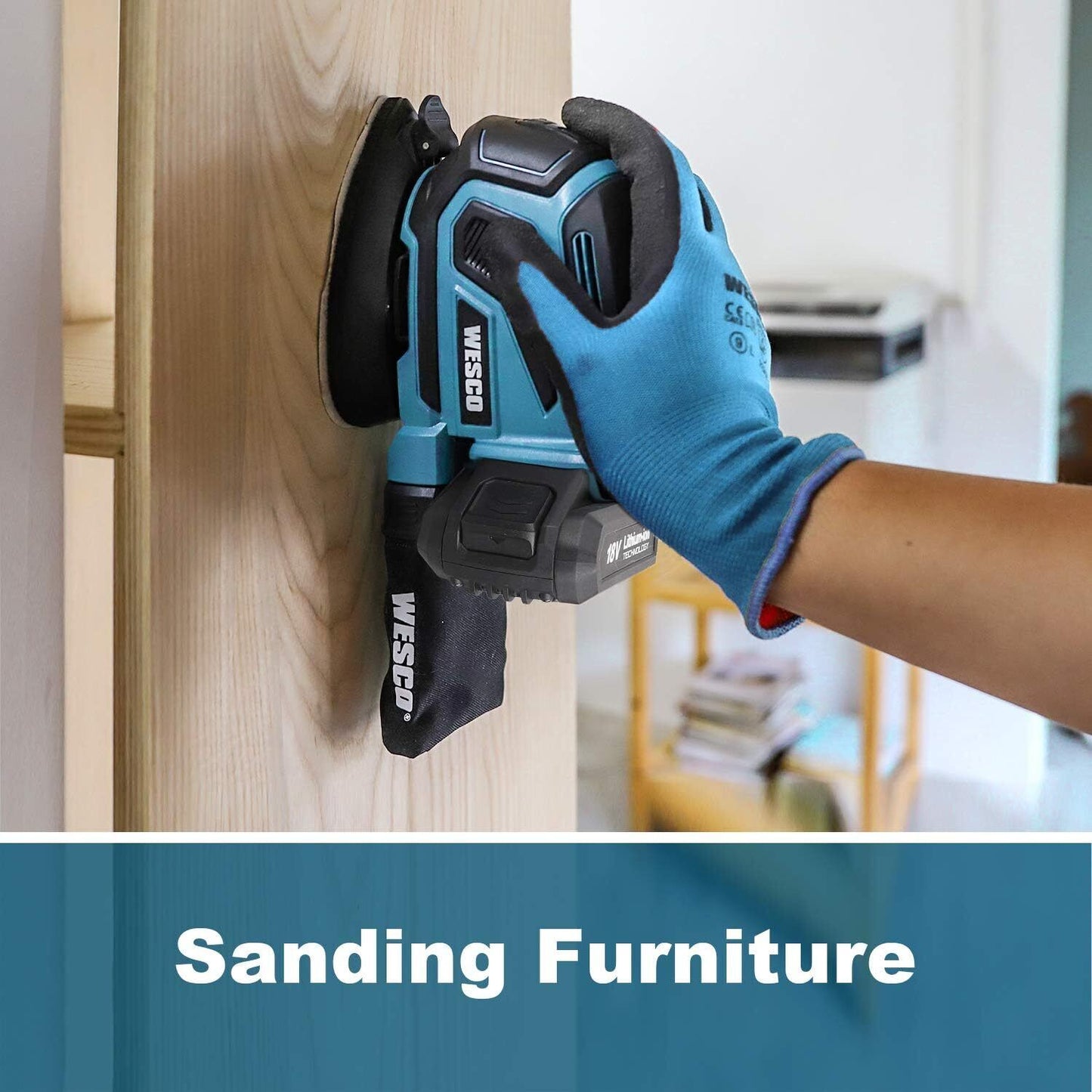 WESCO Cordless Sander, 18V 2.0Ah Detail Sander 13000RPM, 12Pcs Sandpapers, Dust