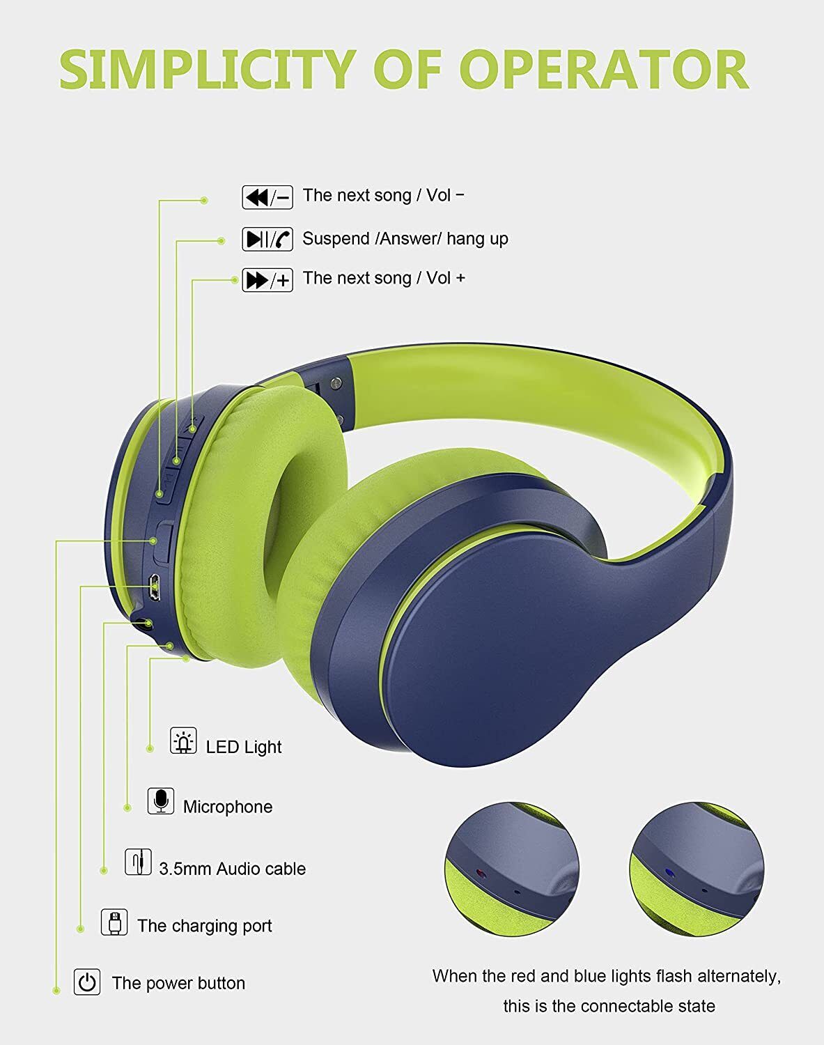 Rockpapa E7 Wireless Headphones Over Ear, Kids Bluetooth Headphones Blue Green