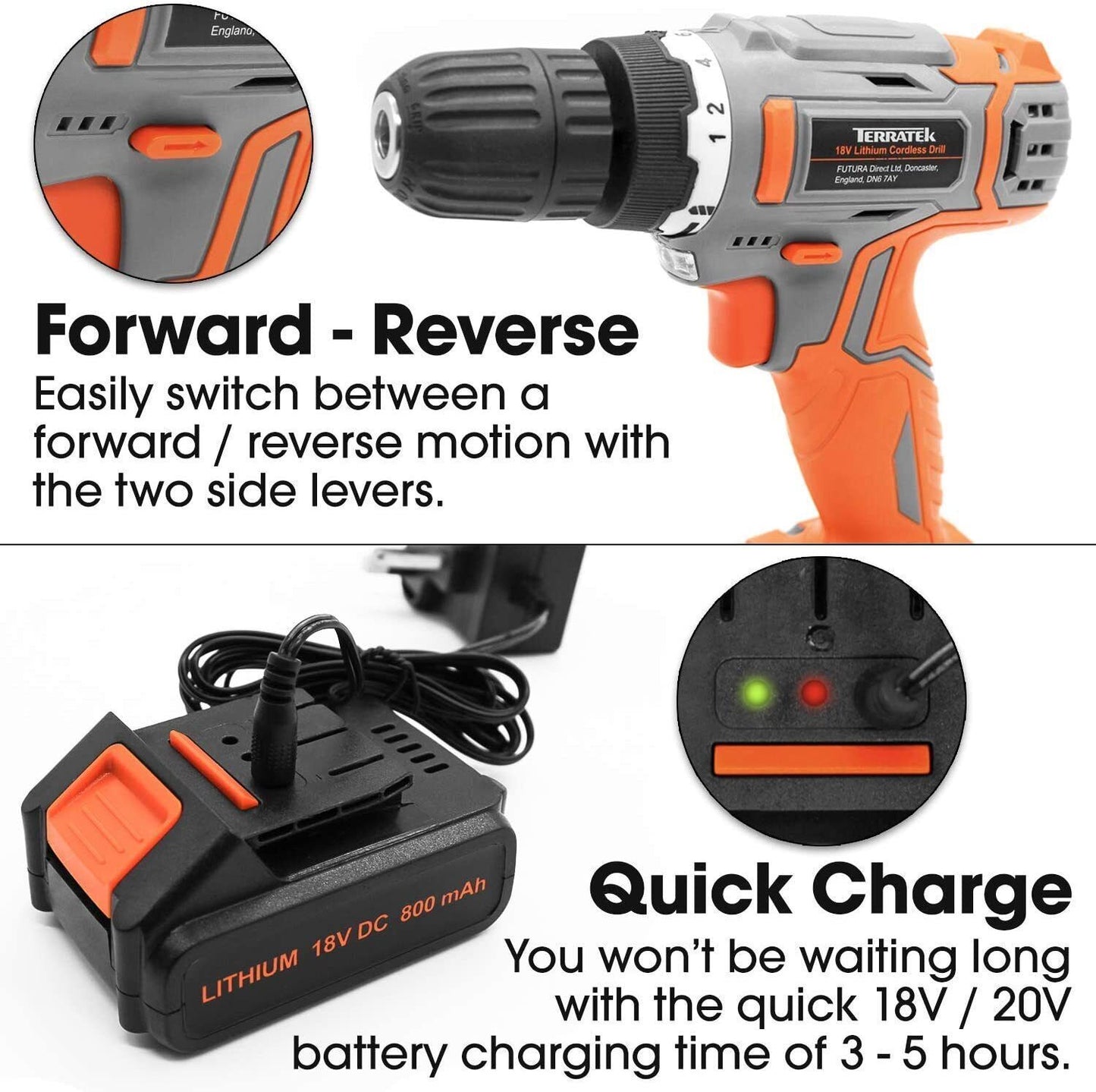 Terratek Cordless Drill Driver 18V Battery Lithium-Ion Combi Drill