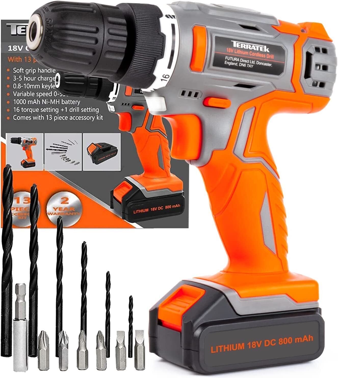 Terratek Cordless Drill Driver 18V Battery Lithium-Ion Combi Drill