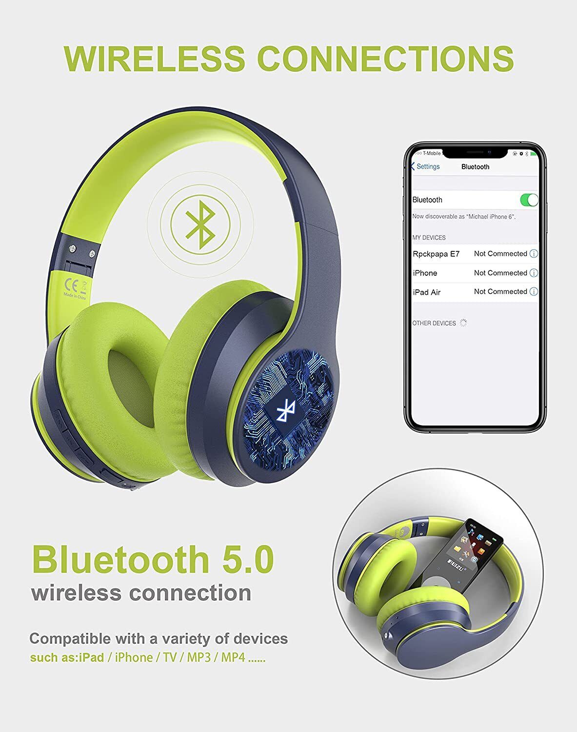 Rockpapa E7 Wireless Headphones Over Ear, Kids Bluetooth Headphones Blue Green
