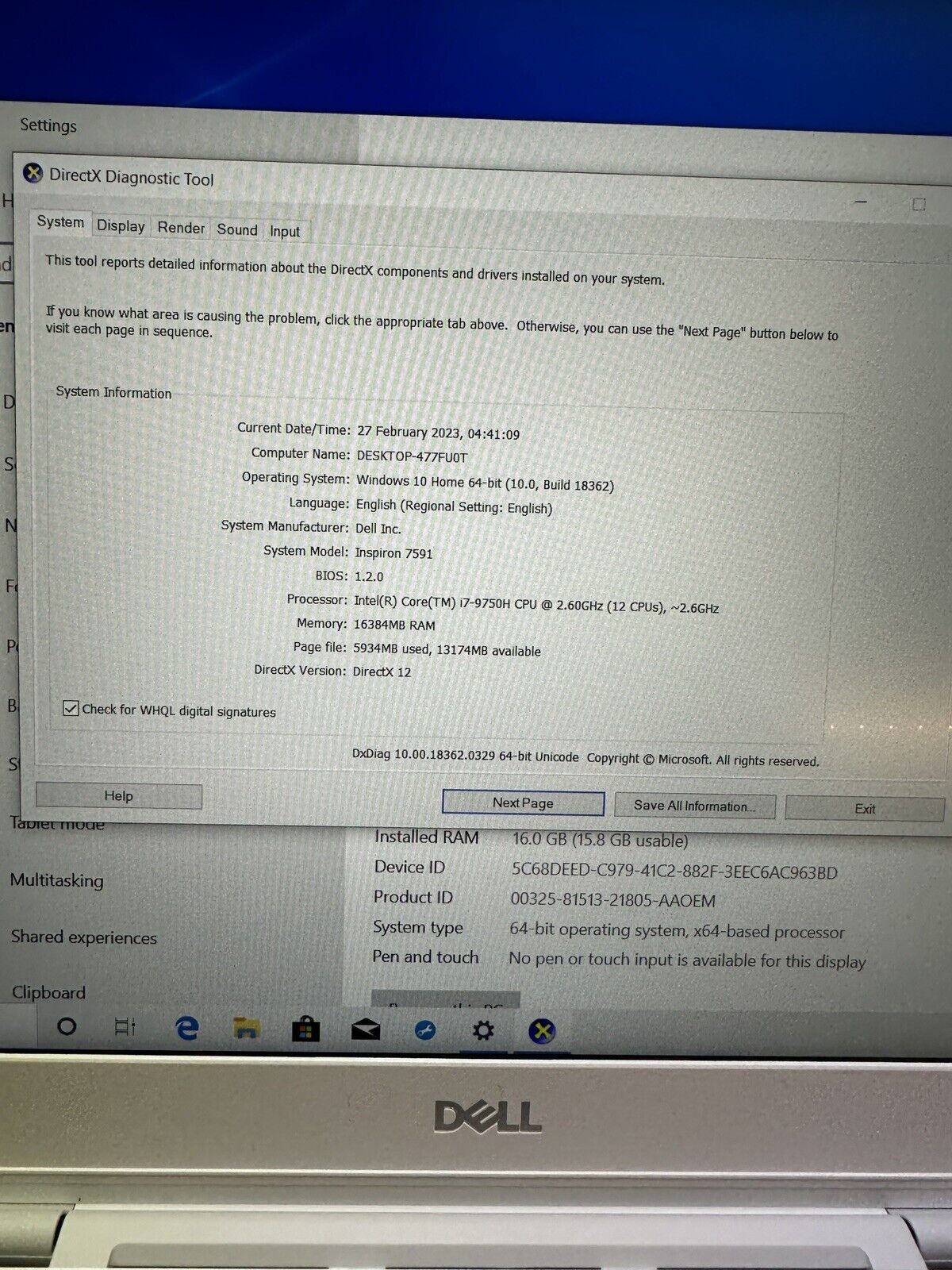 Dell Inspiron 7591- Intel Core i7 - 16GB RAM - 512GB SSD - 4GB GTX1650 -Touch ID