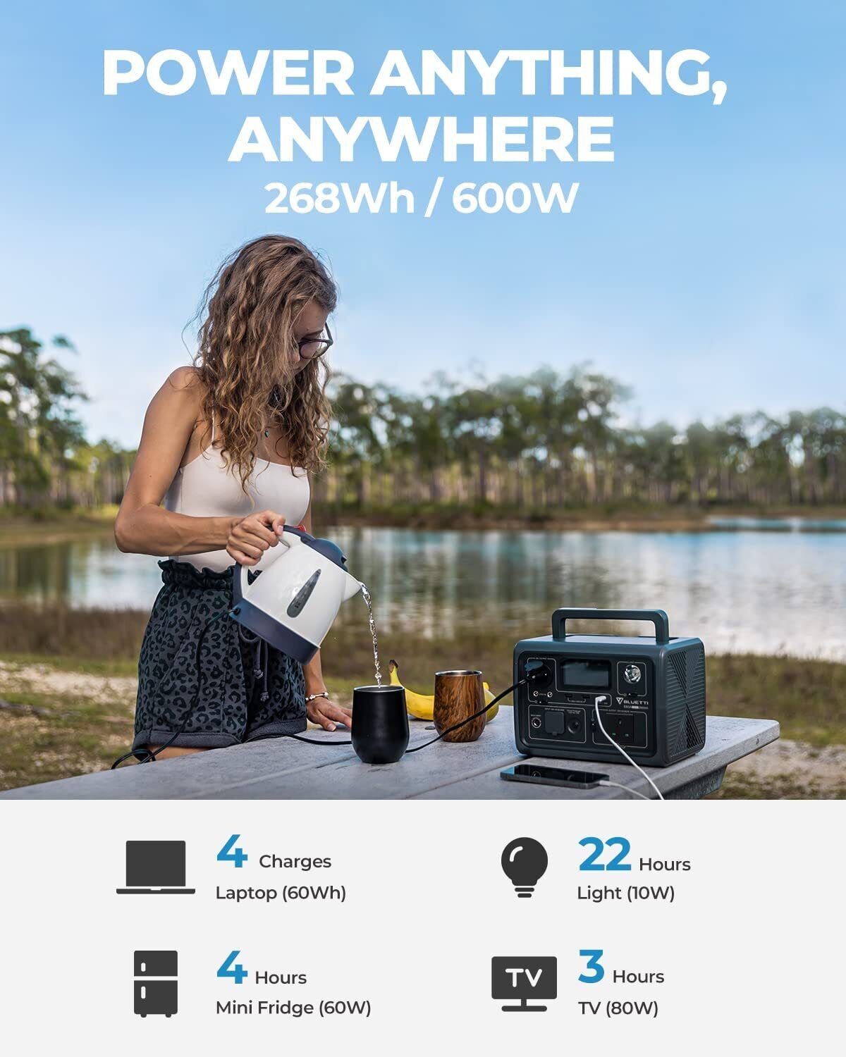 BLUETTI Portable Power Station EB3A, 268Wh LiFePO4 Battery Backup w/ 2 600W