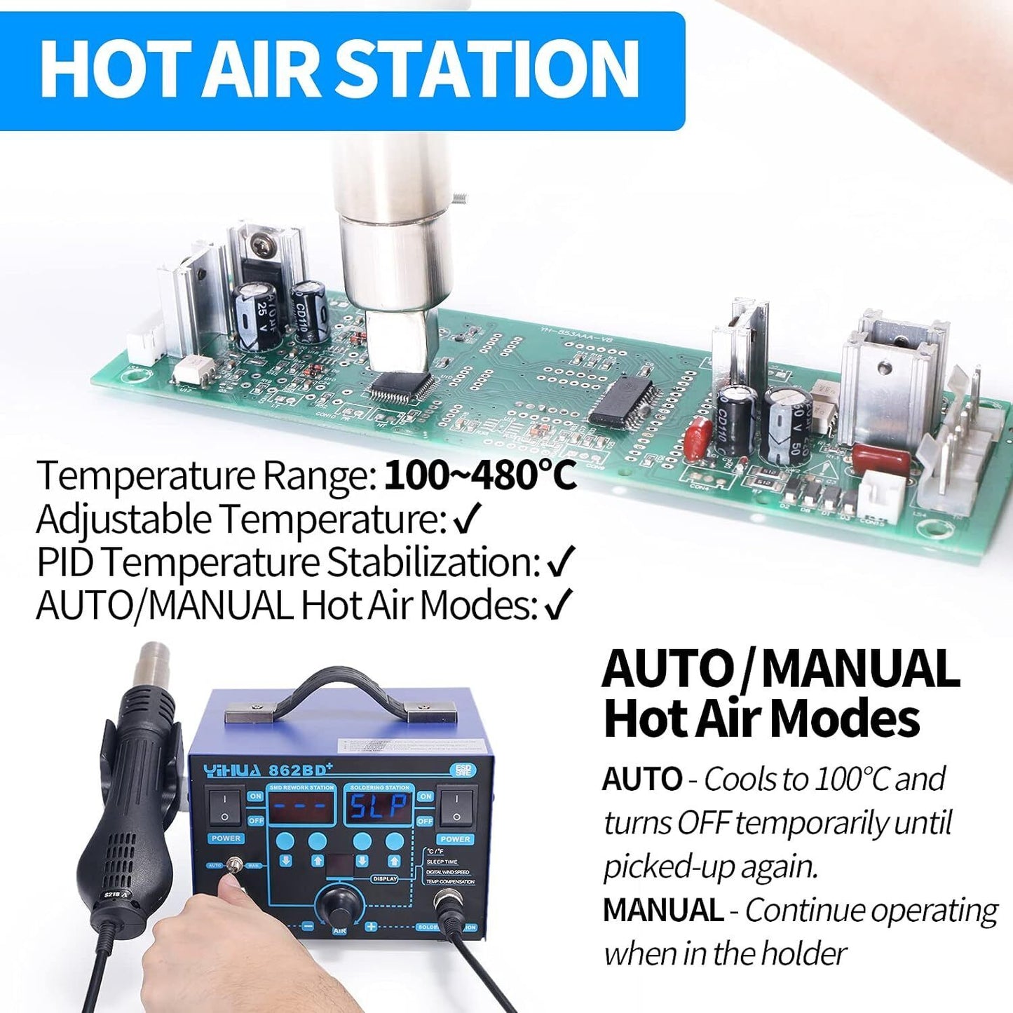 YIHUA 862BD+ SMD Hot Air Rework Station and Soldering Station, 2 in 1 Station wi