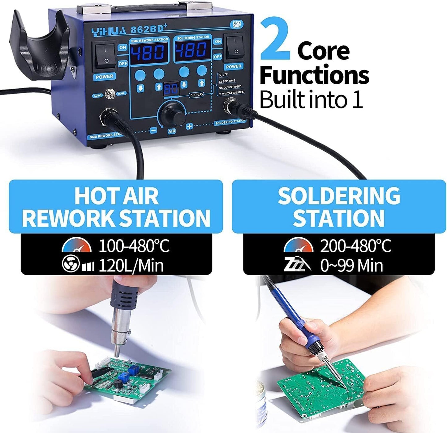 YIHUA 862BD+ SMD Hot Air Rework Station and Soldering Station, 2 in 1 Station wi