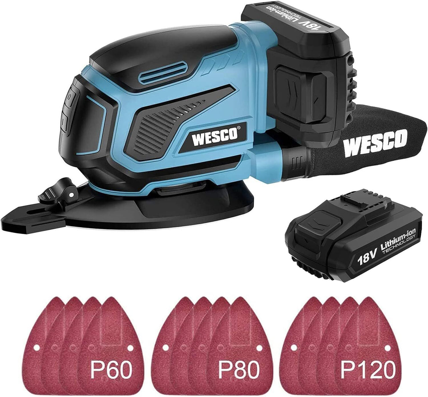 WESCO Cordless Sander, 18V 2.0Ah Detail Sander 13000RPM, 12Pcs Sandpapers, Dust