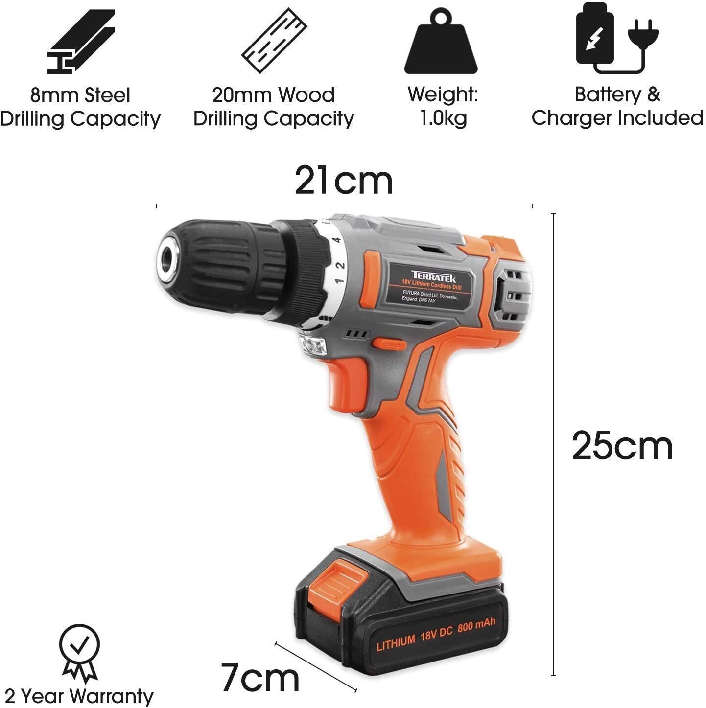 Terratek Cordless Drill Driver 18V Battery Lithium-Ion Combi Drill