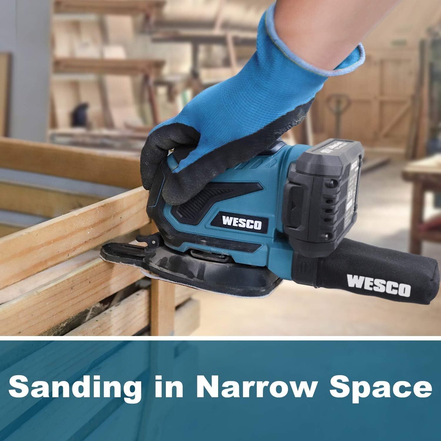 WESCO Cordless Sander, 18V 2.0Ah Detail Sander 13000RPM, 12Pcs Sandpapers, Dust
