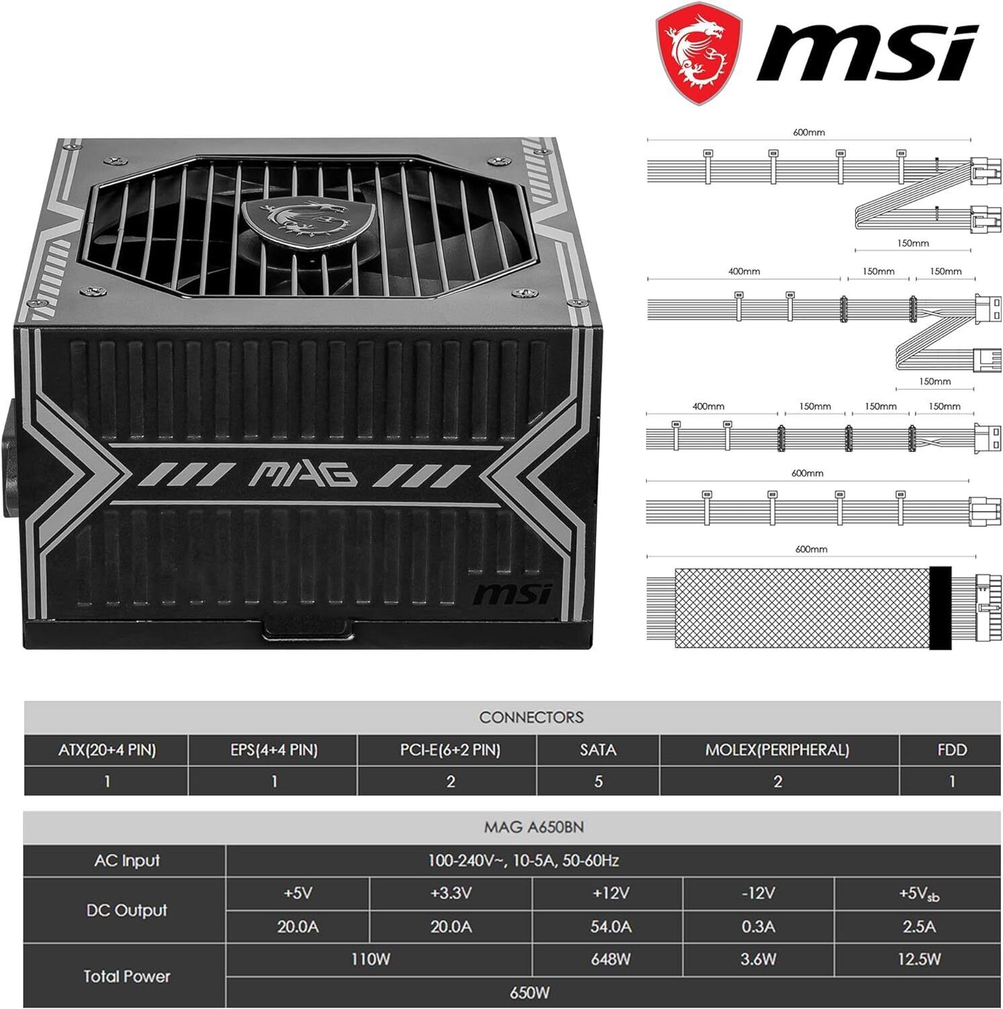 650W MSI MAG A650BN, Fully Wired, 80 PLUS Bronze, Single Rail, 54A, 120mm Fan, A