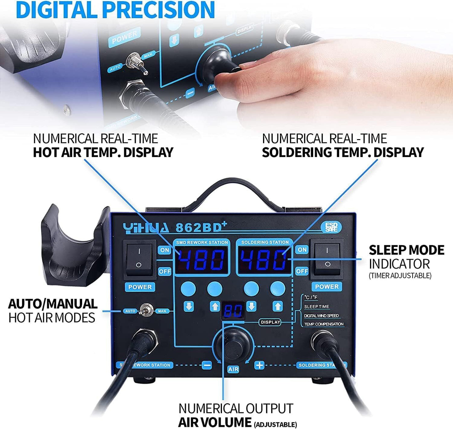 YIHUA 862BD+ SMD Hot Air Rework Station and Soldering Station, 2 in 1 Station wi