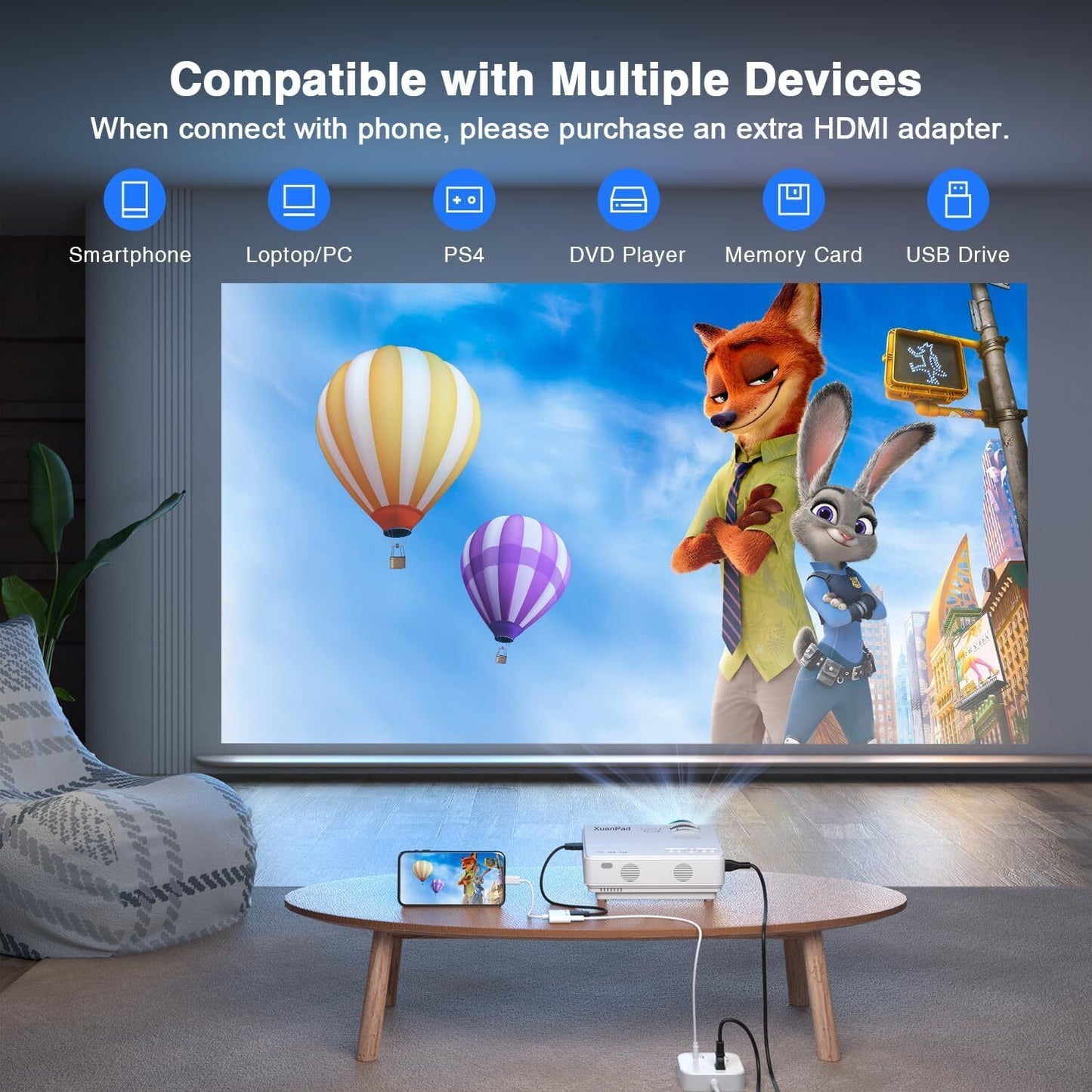 Xuanpad Mini Projector 2400 Lumens Portable Video Projector 55000 Hours