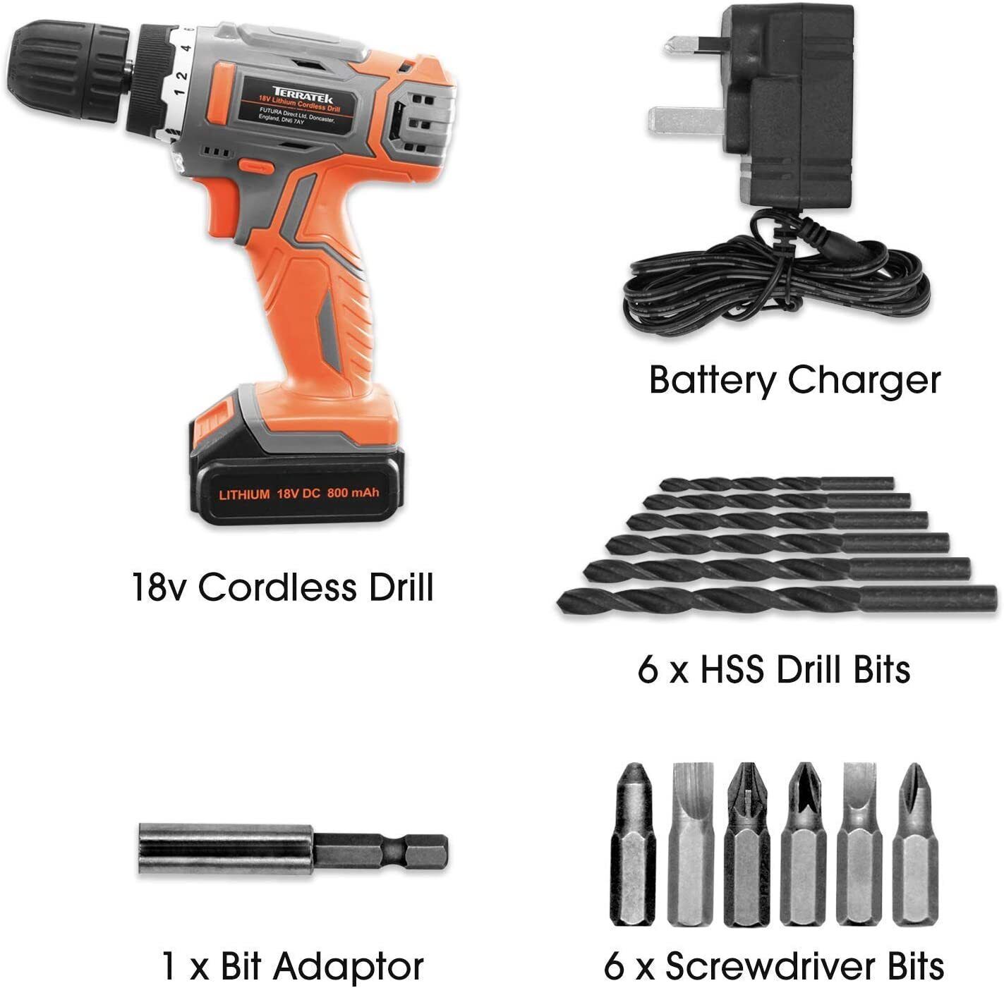 Terratek Cordless Drill Driver 18V Battery Lithium-Ion Combi Drill
