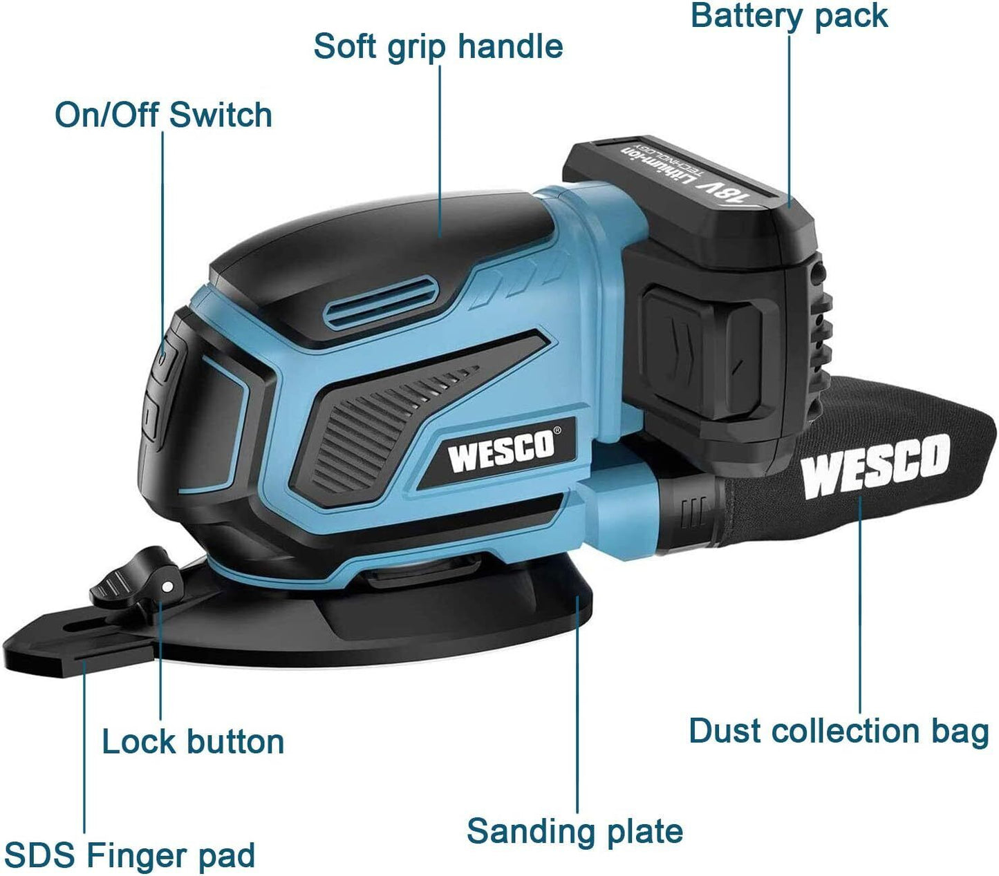 WESCO Cordless Sander, 18V 2.0Ah Detail Sander 13000RPM, 12Pcs Sandpapers, Dust